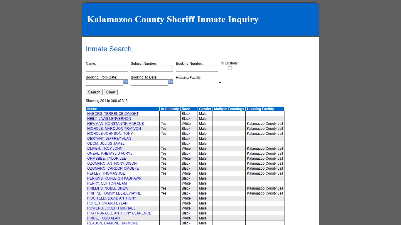 Inmate Search - Kalamazoo County County Consolidated Dispatch